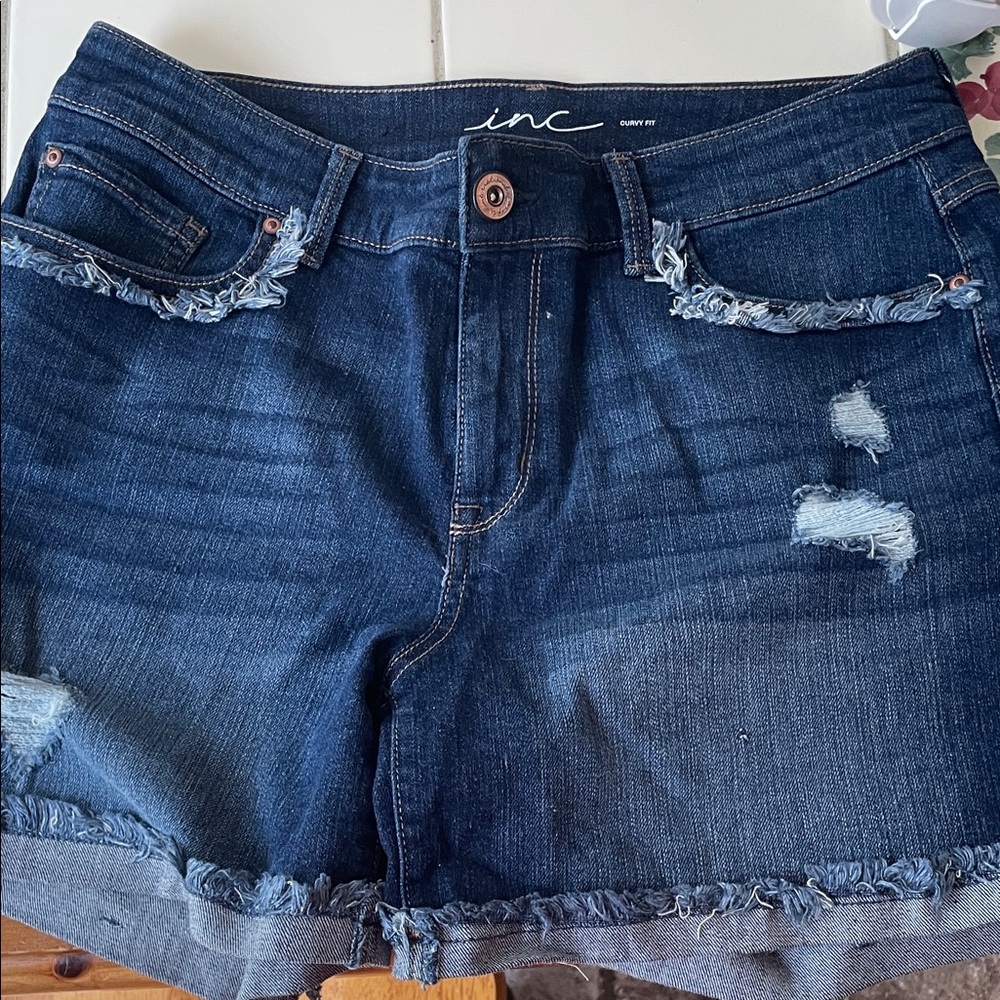 INC International Concepts Women's Frayed Jean Shorts - Dark Blue